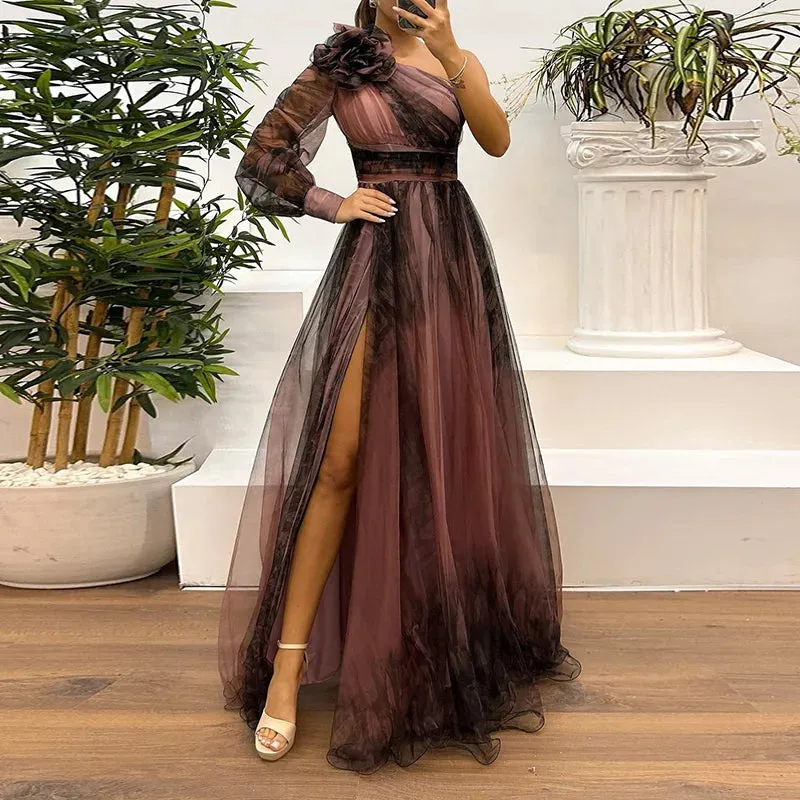 UAKISS  -  Spring Autumn Gauze Patchwork Simple Party Dress, Women Printed Holiday Long Sleeve Maxi Dress, Skew Collar Fashion Ladies Dress