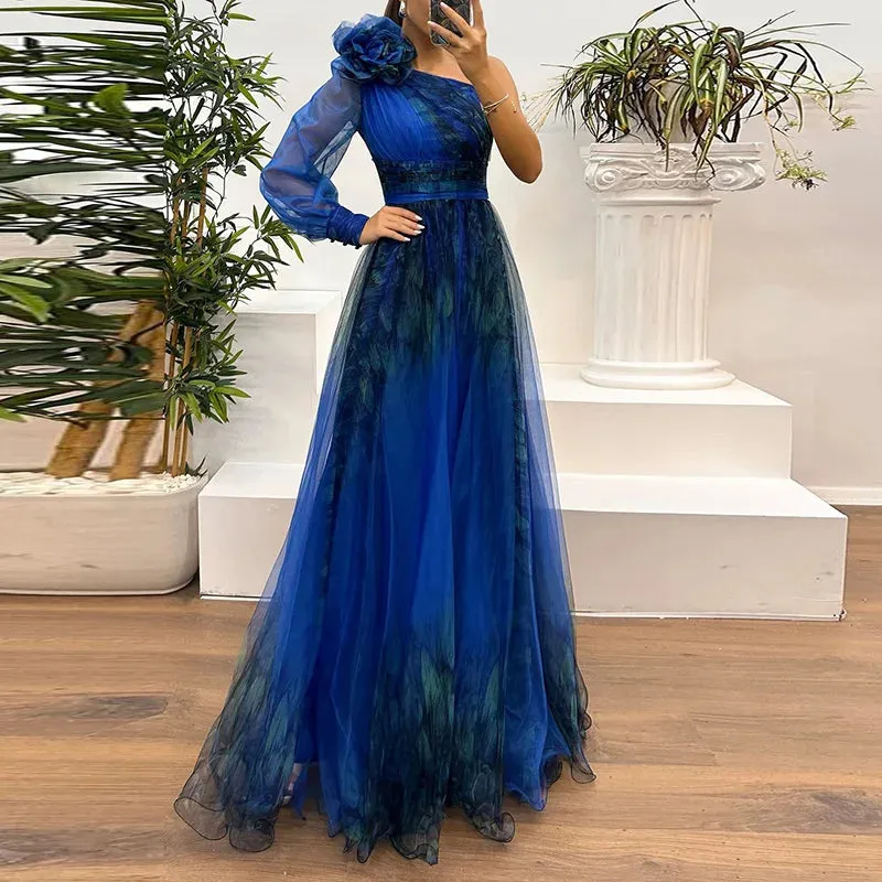 UAKISS  -  Spring Autumn Gauze Patchwork Simple Party Dress, Women Printed Holiday Long Sleeve Maxi Dress, Skew Collar Fashion Ladies Dress