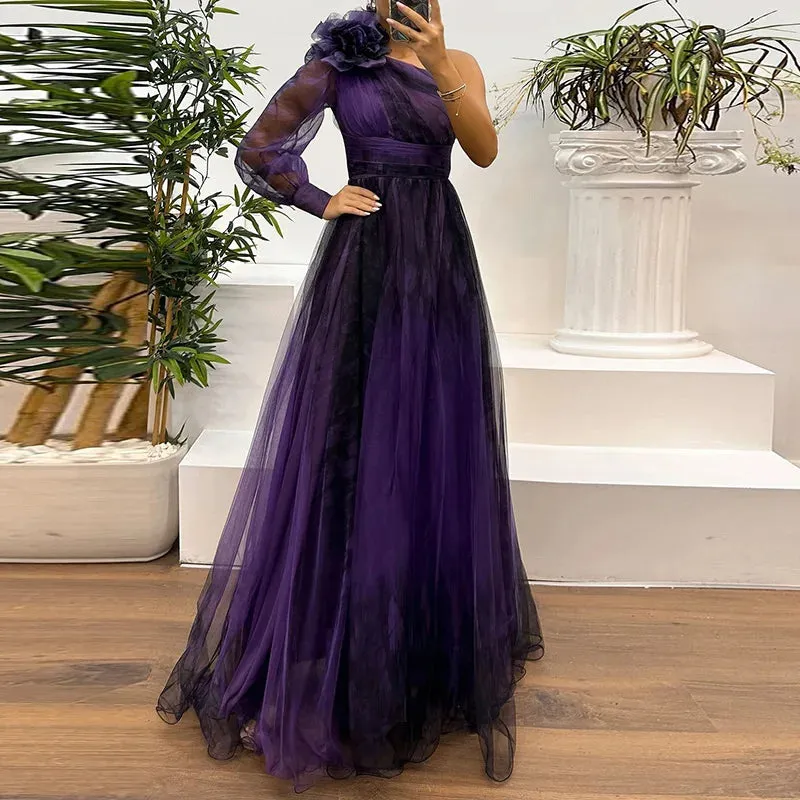 UAKISS  -  Spring Autumn Gauze Patchwork Simple Party Dress, Women Printed Holiday Long Sleeve Maxi Dress, Skew Collar Fashion Ladies Dress
