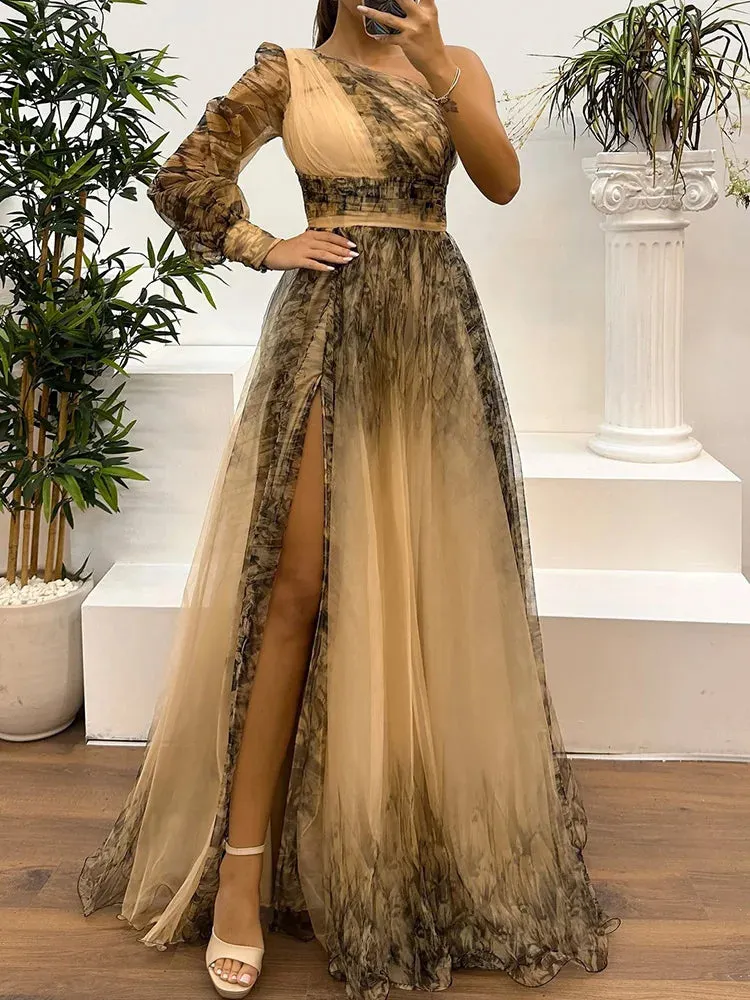UAKISS  -  Spring Autumn Gauze Patchwork Simple Party Dress, Women Printed Holiday Long Sleeve Maxi Dress, Skew Collar Fashion Ladies Dress