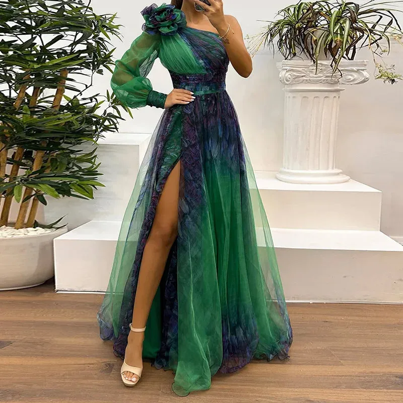 UAKISS  -  Spring Autumn Gauze Patchwork Simple Party Dress, Women Printed Holiday Long Sleeve Maxi Dress, Skew Collar Fashion Ladies Dress
