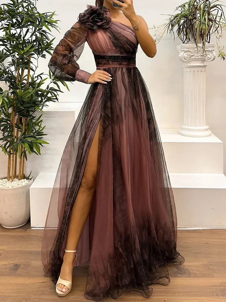 UAKISS  -  Spring Autumn Gauze Patchwork Simple Party Dress, Women Printed Holiday Long Sleeve Maxi Dress, Skew Collar Fashion Ladies Dress