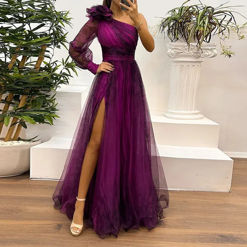 UAKISS  -  Spring Autumn Gauze Patchwork Simple Party Dress, Women Printed Holiday Long Sleeve Maxi Dress, Skew Collar Fashion Ladies Dress