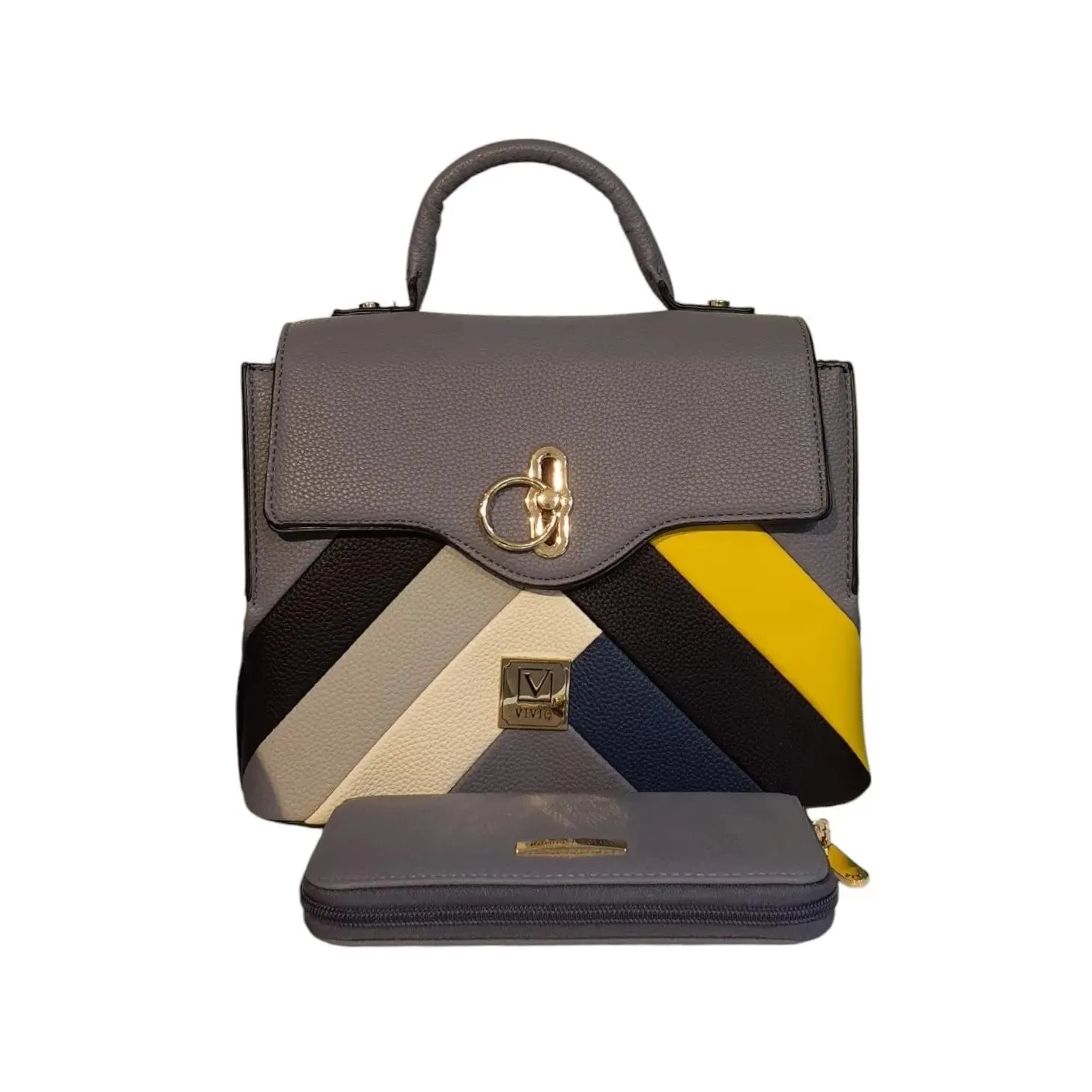 Vivq Color Block Chevron Flap with Wallet Set Handle Bag