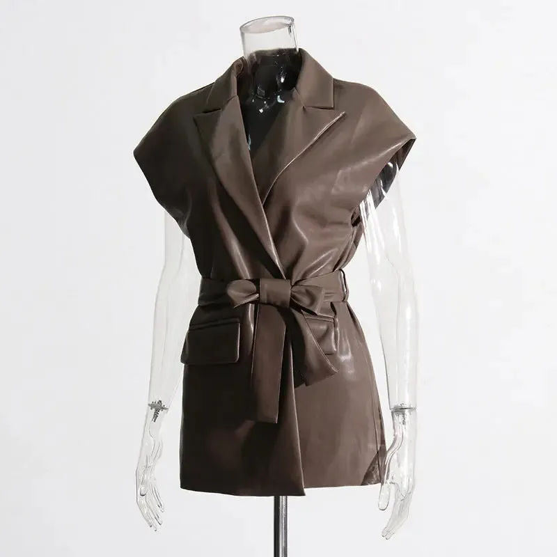 Women's Fashion Retro Elegance Sleeveless Coat PU Leather Vest jacket