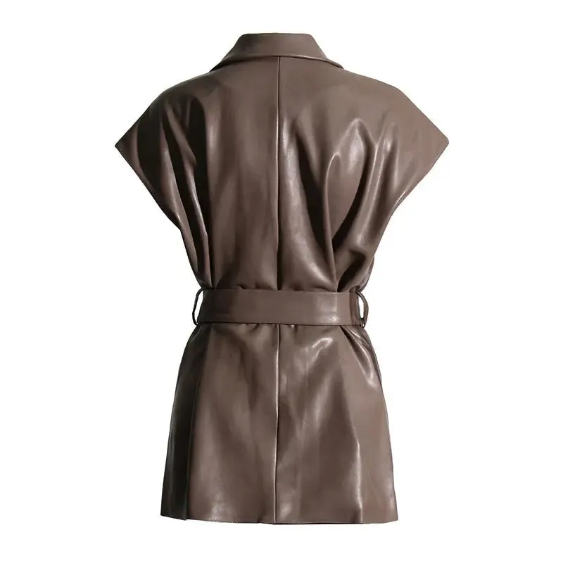 Women's Fashion Retro Elegance Sleeveless Coat PU Leather Vest jacket