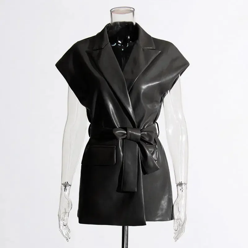 Women's Fashion Retro Elegance Sleeveless Coat PU Leather Vest jacket