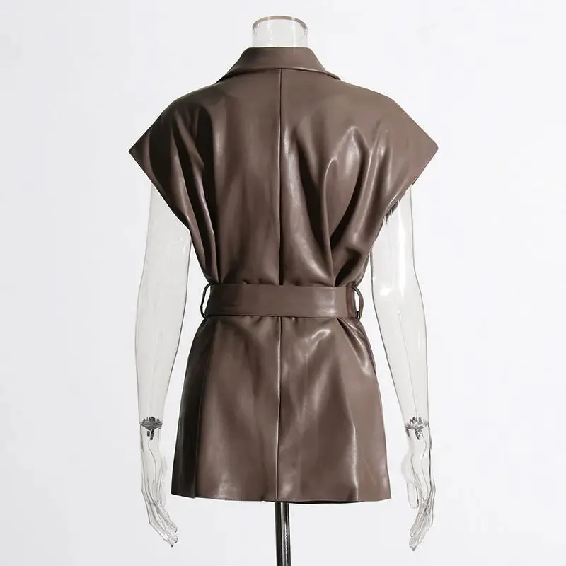 Women's Fashion Retro Elegance Sleeveless Coat PU Leather Vest jacket