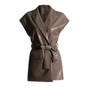 Women's Fashion Retro Elegance Sleeveless Coat PU Leather Vest jacket
