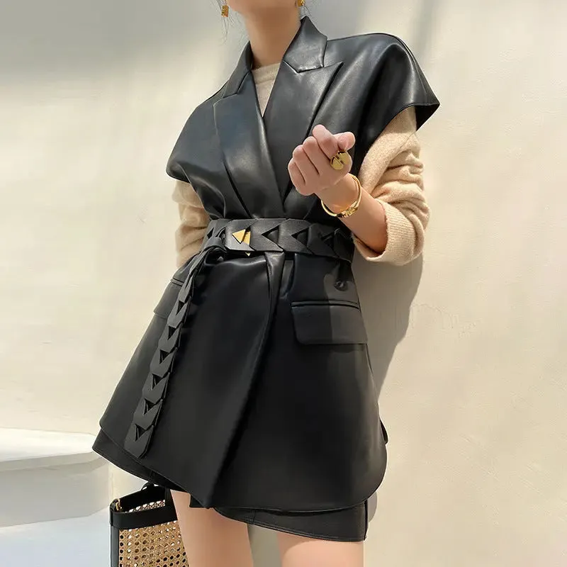 Women's Fashion Retro Elegance Sleeveless Coat PU Leather Vest jacket