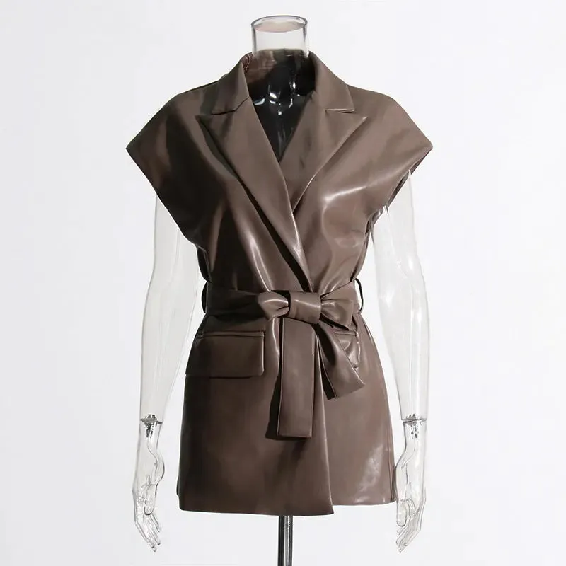 Women's Fashion Retro Elegance Sleeveless Coat PU Leather Vest jacket